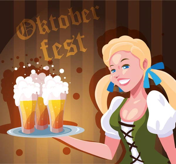 Beautiful woman with german traditional dress and label oktoberfest — Stock Vector