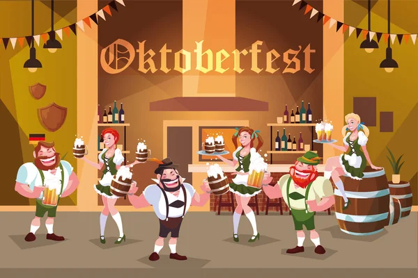 Grupo de personas con vestido tradicional alemán beber cerveza en el bar Oktoberfest celebración — Vector de stock