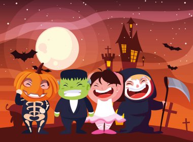 Cadılar Bayramı kostümlü çocuk vektör tasarımı