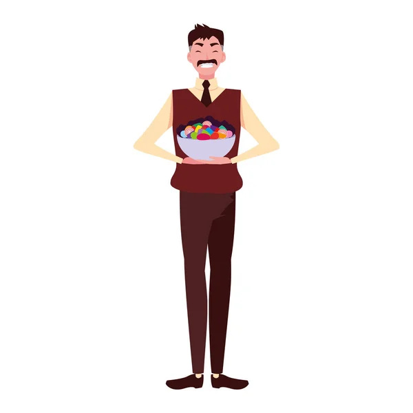 Halloween avatar hombre con caramelos bowl vector icono de diseño — Vector de stock