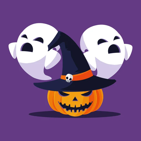 Calabaza de Halloween y fantasmas dibujos animados vector de diseño — Archivo Imágenes Vectoriales