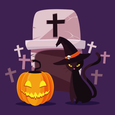 Cadılar Bayramı kedisi ve balkabağı vektör tasarımı