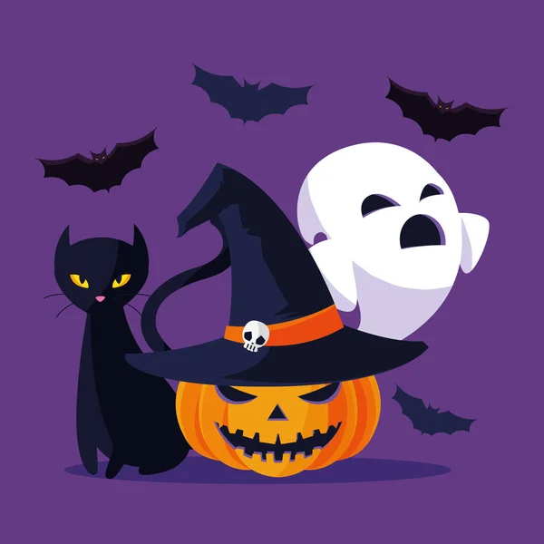 Halloween kočka duch a dýně vektor design — Stockový vektor