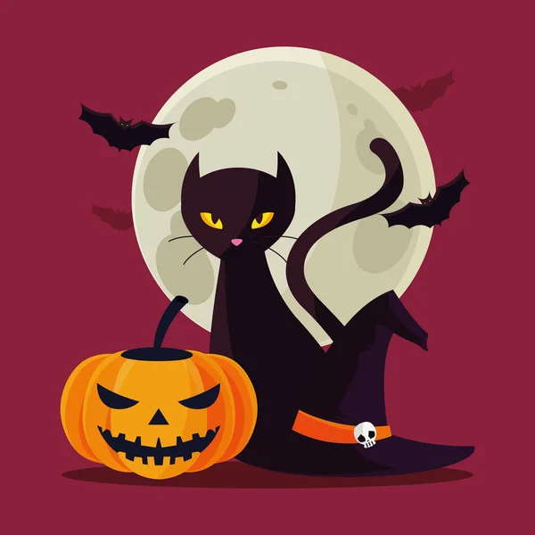Halloween gato y calabaza diseño de vectores de dibujos animados — Vector de stock