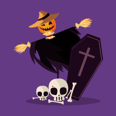 Cadılar Bayramı korkuluğu ve kafatası vektör tasarımı
