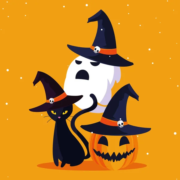 Halloween katt spöke och pumpa vektor design — Stock vektor