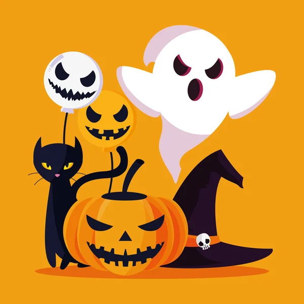 Halloween katt spöke och pumpa vektor design — Stock vektor