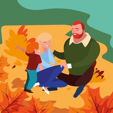 Anne ve baba ve oğlu sonbahar vektör tasarımında.