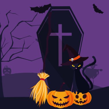 Cadılar Bayramı kedisi ve balkabağı vektör tasarımı