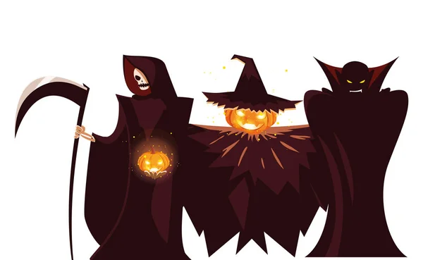 Halloween muerte espantapájaros y vampiro icono de diseño de vectores — Vector de stock