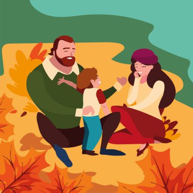 Anne ve baba ve oğlu sonbahar vektör tasarımında.