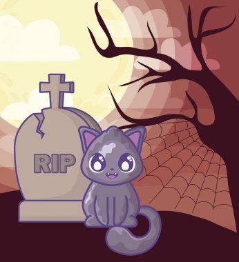 cadılar bayramı sahnesinde mezarlık mezar taşı ile sevimli kedi