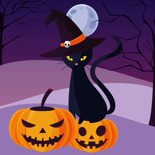 Halloween gato y calabazas dibujos animados vector de diseño — Vector de stock