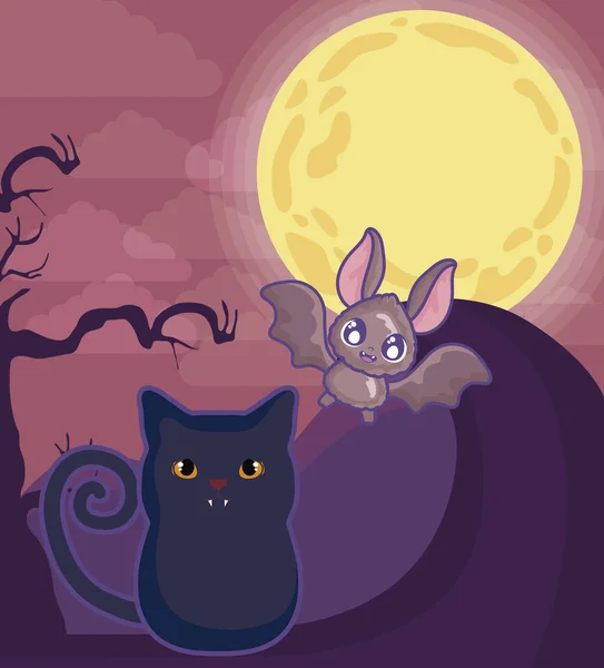 Lindo gato con bate volando en halloween escena — Vector de stock