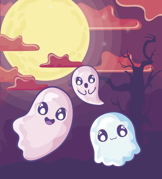 Fantômes d'Halloween drôles sur scène d'Halloween — Image vectorielle