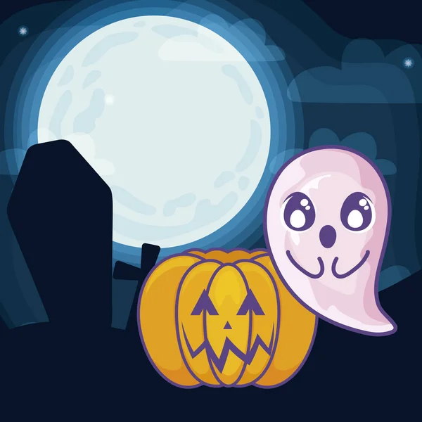 Citrouille d'Halloween avec fantôme sur scène d'Halloween — Image vectorielle