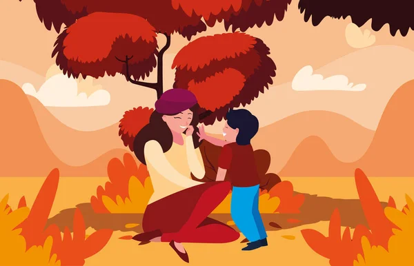 Madre con hijo en el diseño de vectores de otoño — Vector de stock