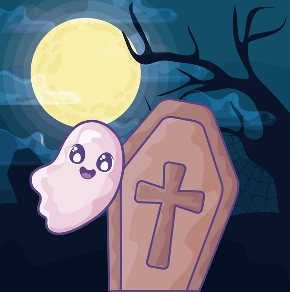 Caixão de madeira com cruz cristã na cena de Halloween — Vetor de Stock