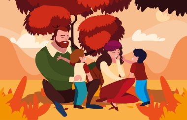 Anne ve babanın sonbahar vektör tasarımında oğulları var.