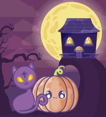 cadılar bayramı sahnesinde balkabağı ile sevimli kedi