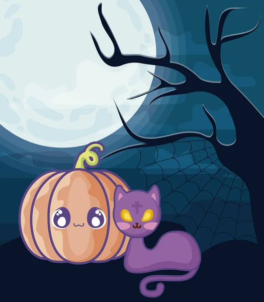 Lindo gato con calabaza en halloween escena — Vector de stock