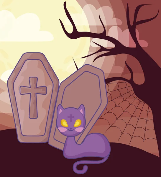 Cercueil en bois avec croix chrétienne sur scène halloween — Image vectorielle