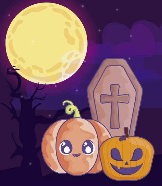 Cercueil en bois avec croix chrétienne sur scène halloween — Image vectorielle