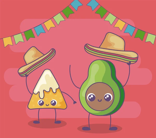 Aguacate y nacho con sombrero mexicano kawaii — Vector de stock