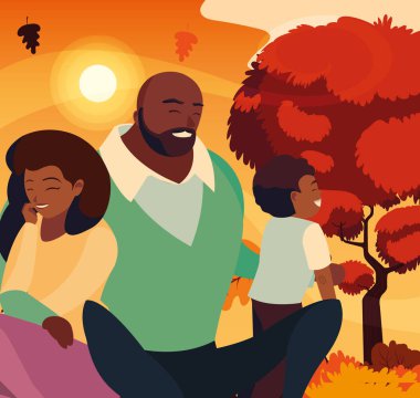 Anne ve baba ve oğlu sonbahar vektör tasarımında.