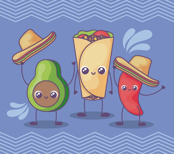 Meksika şapkası kawaii ile avokado ve biber. — Stok Vektör