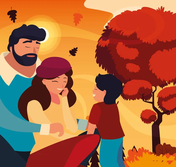 Madre y padre con hijo en el diseño de vectores de otoño — Vector de stock