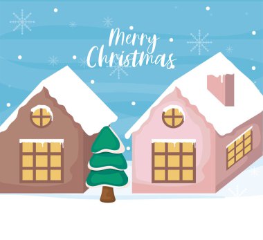 Ev ve Noel ağacıyla Mutlu Noeller etiketi