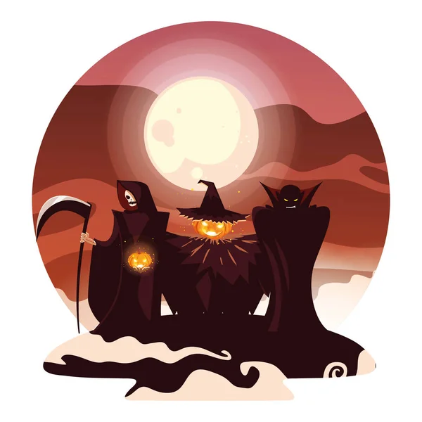 Halloween muerte espantapájaros y vampiro icono de diseño de vectores — Vector de stock