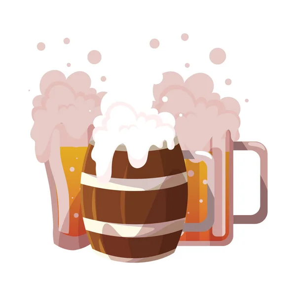 Mugs of beer with foam in white background — Stock Vector