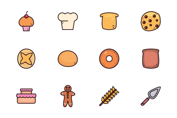 Panadería de pan de paquete con iconos establecidos — Vector de stock