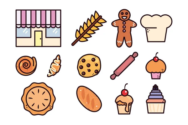 Panadería de pan de paquete con iconos establecidos — Vector de stock