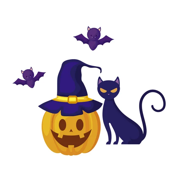 Calabaza de Halloween con gato y murciélagos volando — Archivo Imágenes Vectoriales