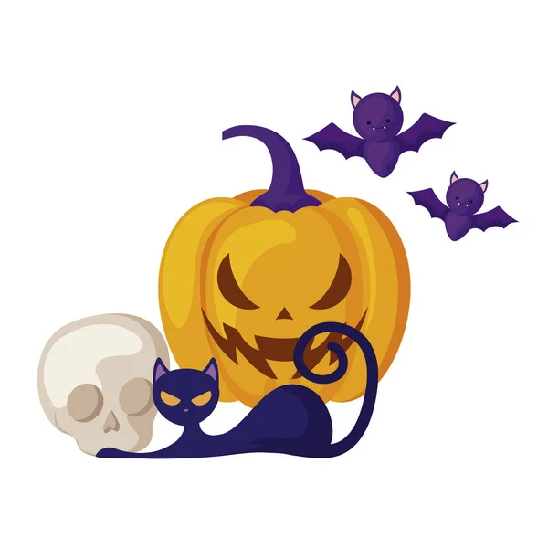 Citrouille avec crâne et icônes Halloween — Image vectorielle