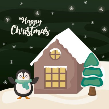 Penguen ve evle birlikte kış manzarasında mutlu noel etiketleri