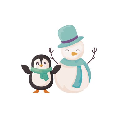 Beyaz arka planda eşarplı penguen ve kardan adam