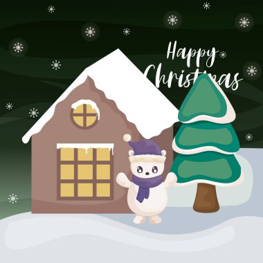 Kutup ayısı ve arka plandaki aile evi ile mutlu noel etiketleri