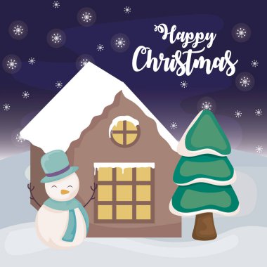 Kış manzarasında Kardan Adam ve Evle Mutlu Noeller etiketi