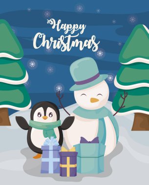 Kış manzarasında penguen ve kardan adamla mutlu noeller etiketi