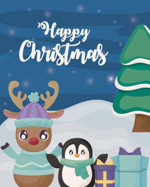 Penguen ve ren geyikleriyle kış manzarasında mutlu noel etiketleri