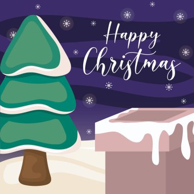 Kış manzarasında Noel ağacı ve baca ile mutlu noel etiketleri