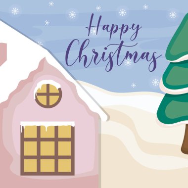 Kış manzarasında aile evi ile mutlu noel etiketleri