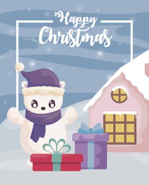 Mutlu noel etiketleri ile kutup ayısı ile aile arka planında