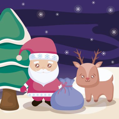 Noel Baba Ren geyikleriyle kış manzarasında