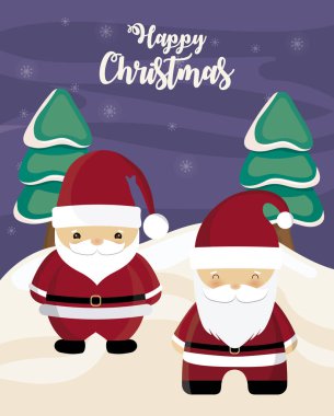 Kış manzarasında Noel Baba ile Mutlu Noeller etiketi