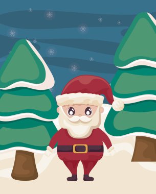 Kış manzarasında Noel Baba ve Noel ağaçları